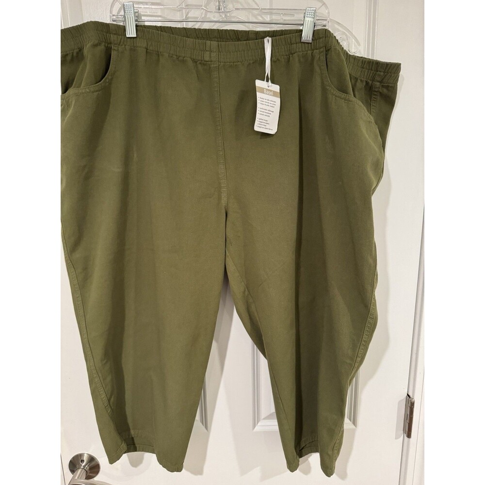 Women's Green Cotton Twill Elastic Waist Tapered Leg Pants Pockets size 24